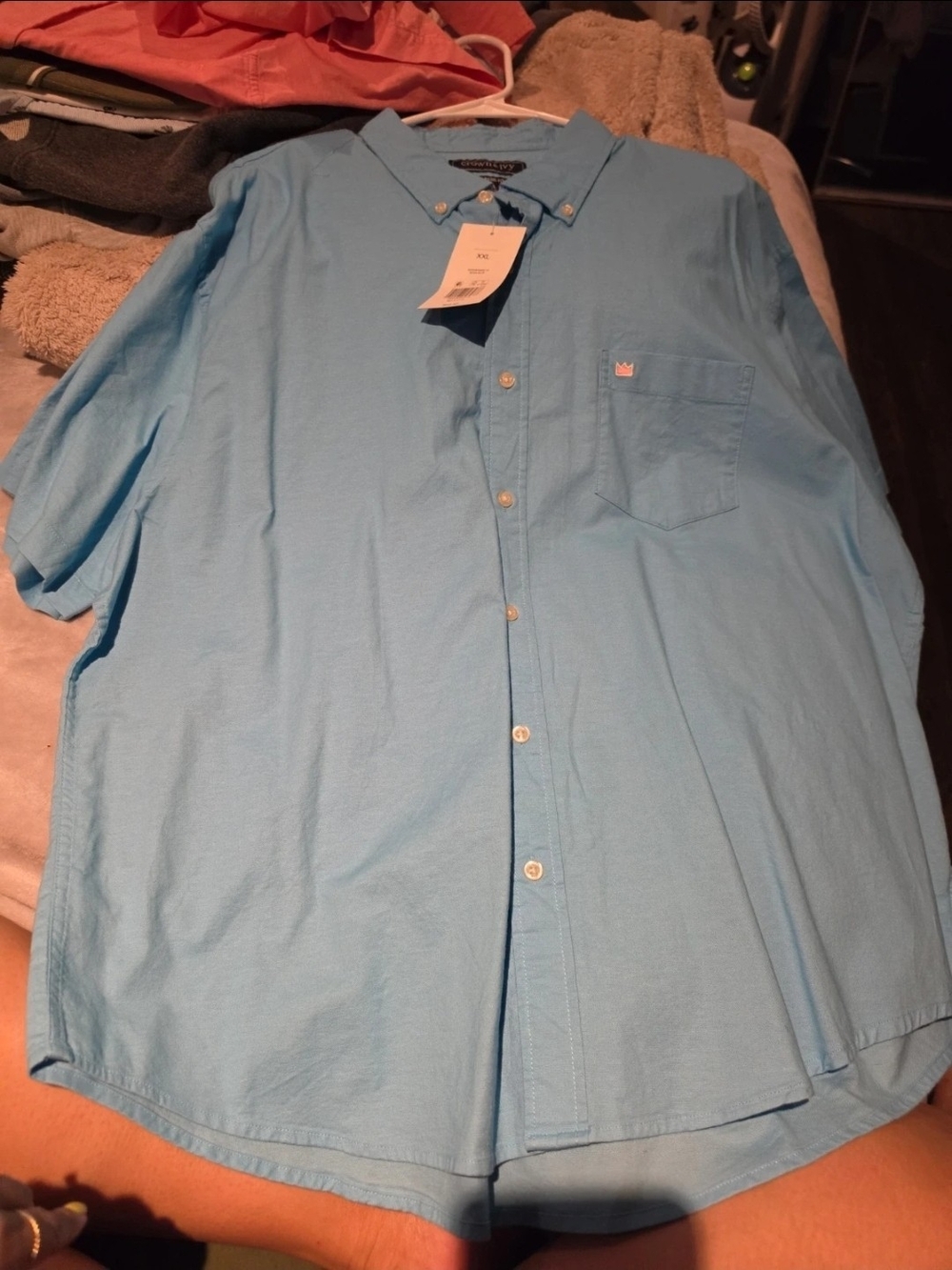 Crown & Ivy Mens XXL Short Sleeve Button Down Shirt Bonn Blue Classic Fit NWT
